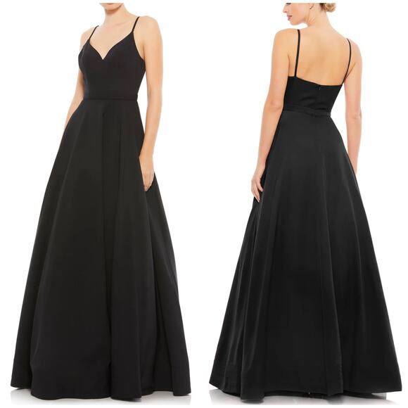 Mac Duggal IEENA NWT V-Neck Crepe Ball Gown Size 8 Tulle Skirt Black Pockets - Picture 2 of 11